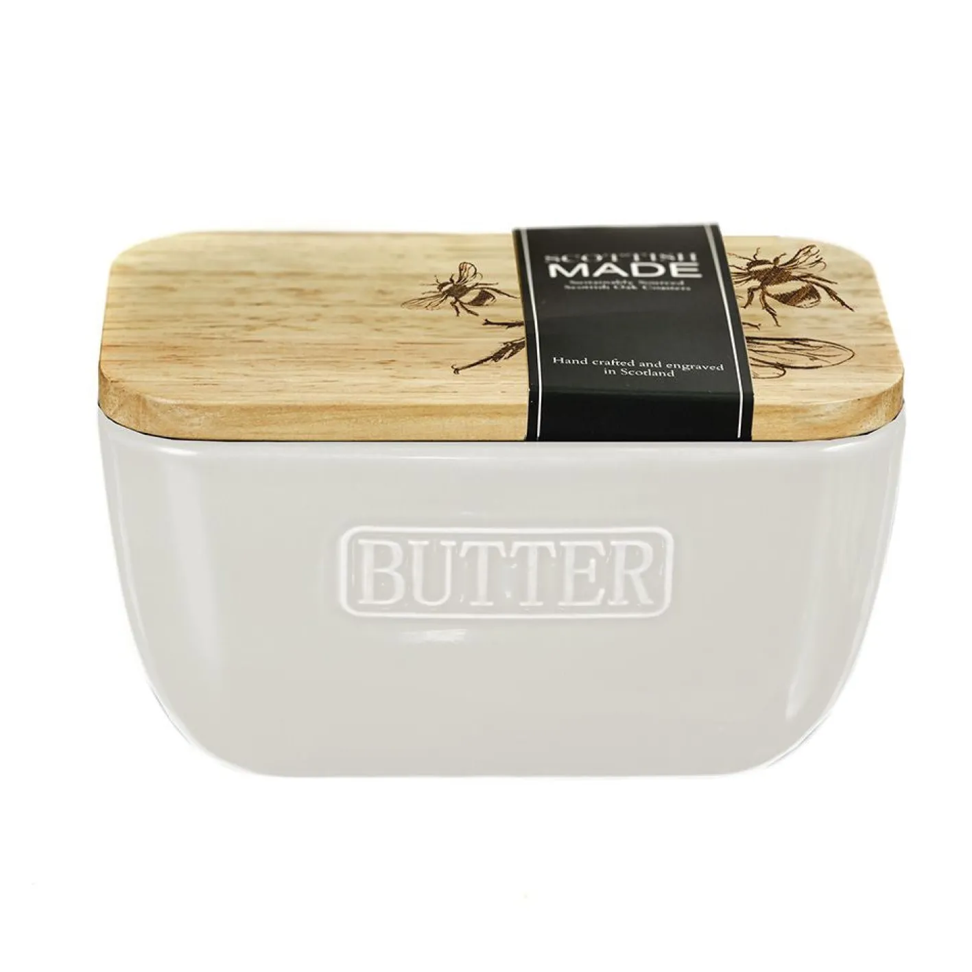 Selbrae Bee Oak & Ceramic White Butter Dish