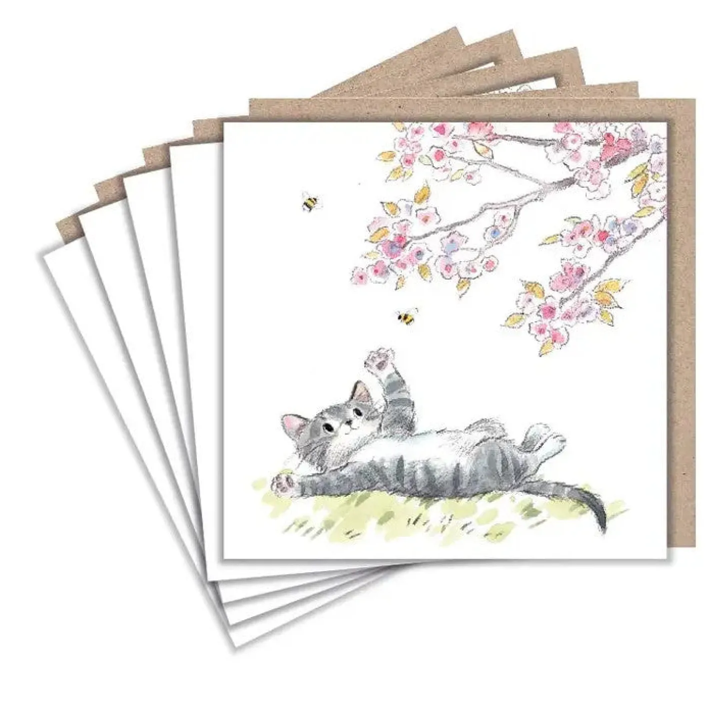 Paper Shed Design Cat and Cherry Blossoms Set of 5 Notecards