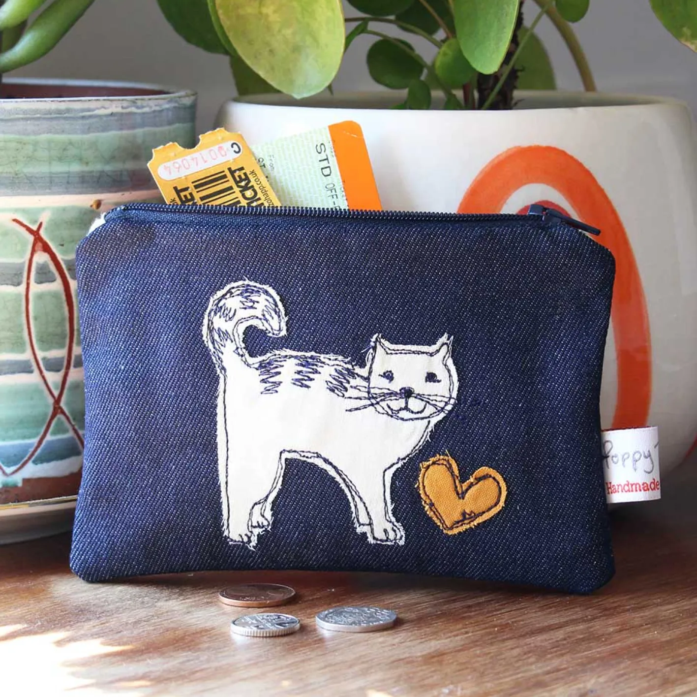 Poppy Treffry Cat Embroidered Flat Coin Purse