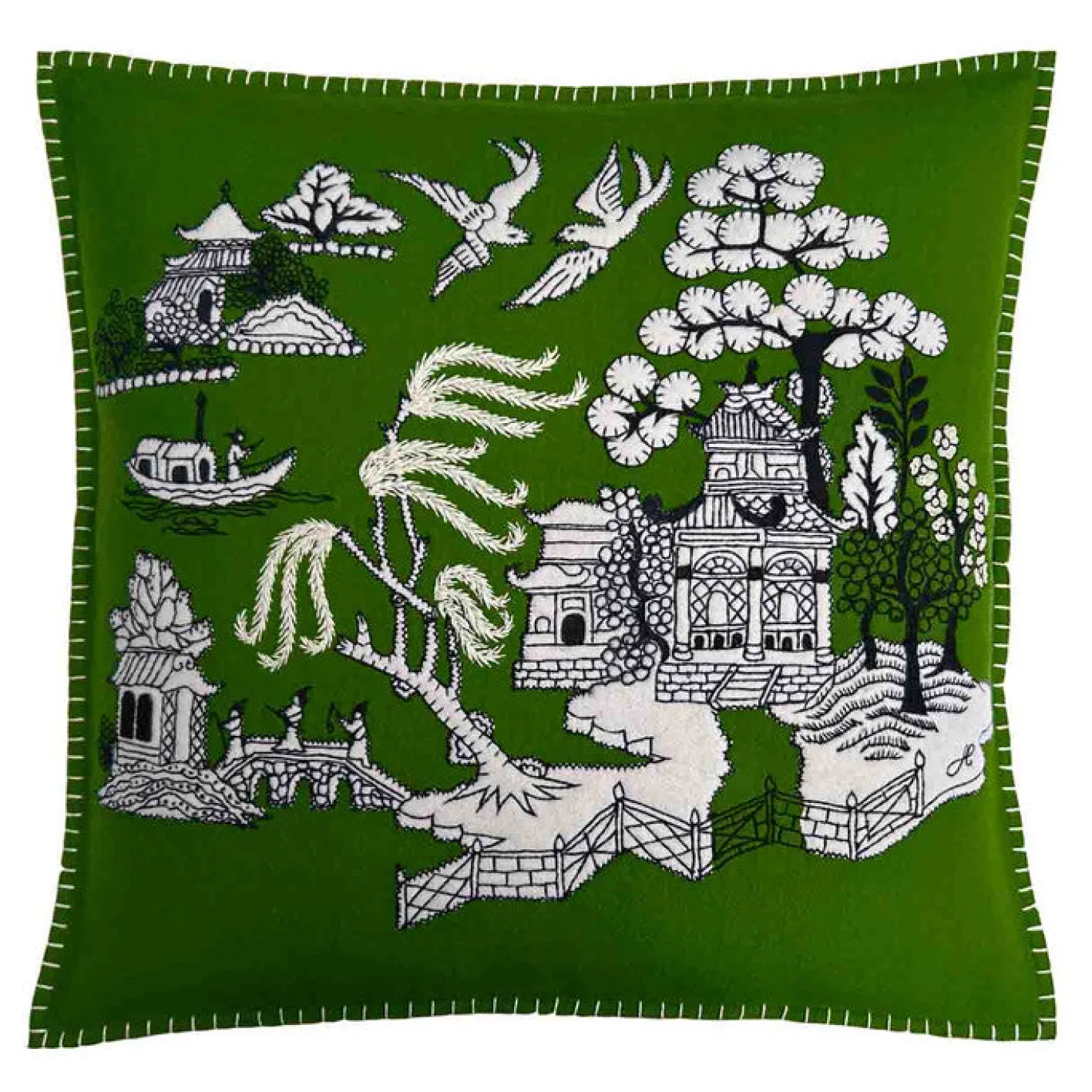 Jan Constantine Deep Green Willow Pattern Wool Pillow