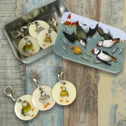 Emma Ball Diving Puffins Set of 6 Stitch Crochet Markers in a Pocket Tin