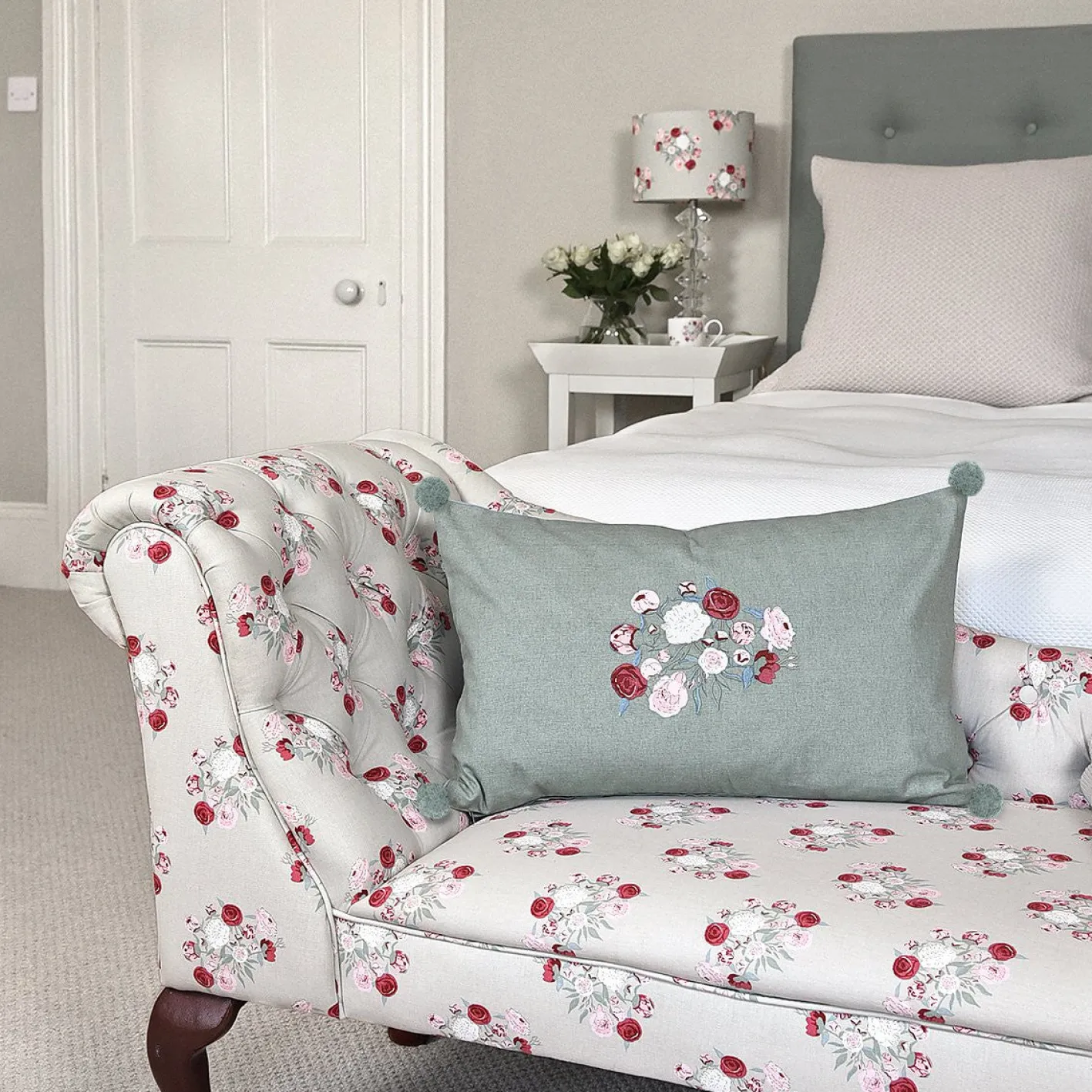 Sophie Allport Embroidered Peony Cotton Pillow