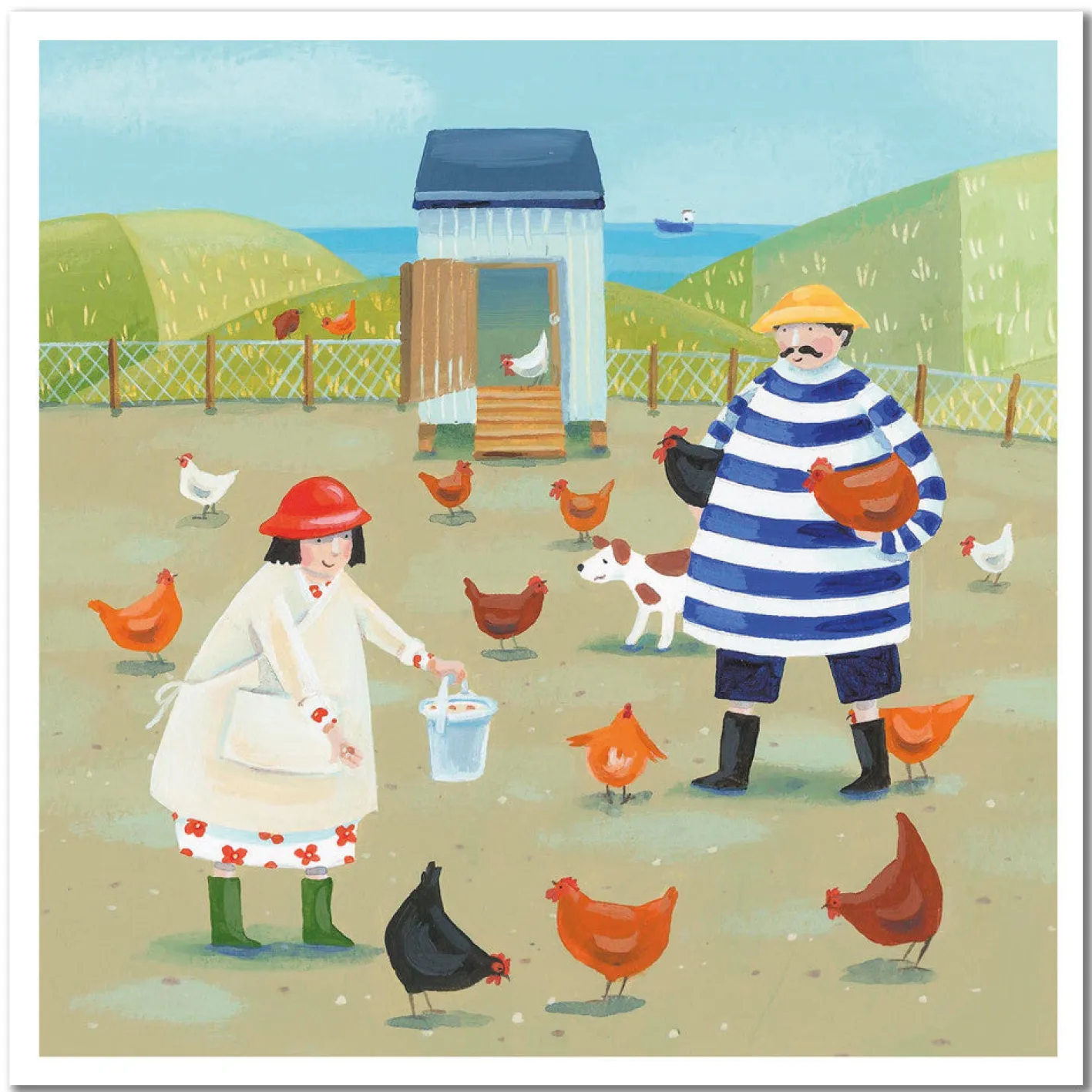 Emma Ball Feeding the Hens Greetings Card