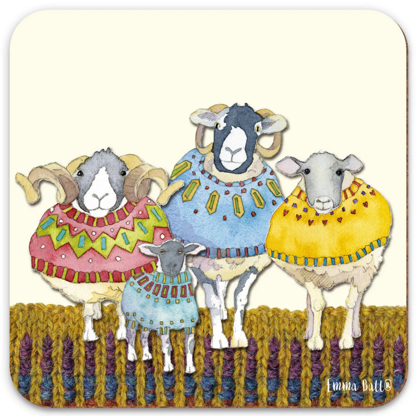 Emma Ball Four Sheep in Sweaters Coaster