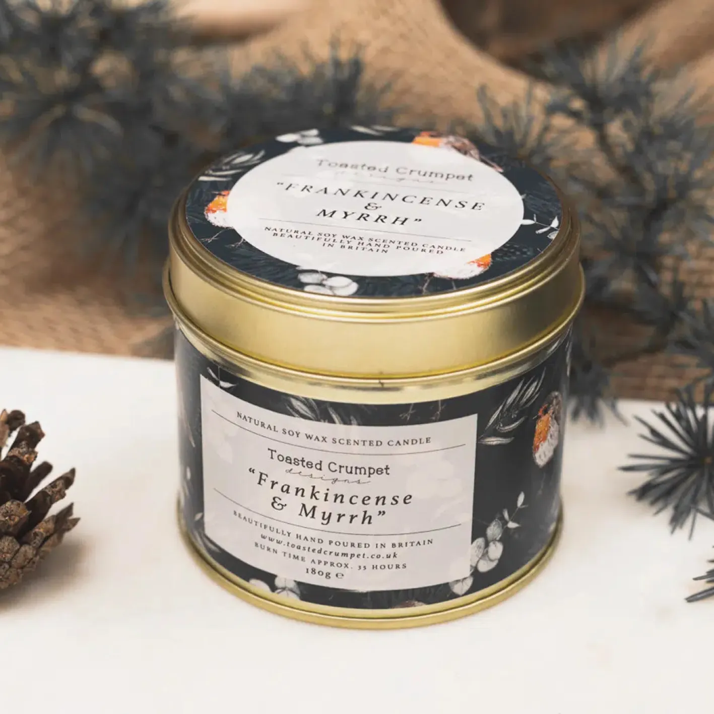 Toasted Crumpet Frankincense & Myrrh Candle in a Matte Gold Tin