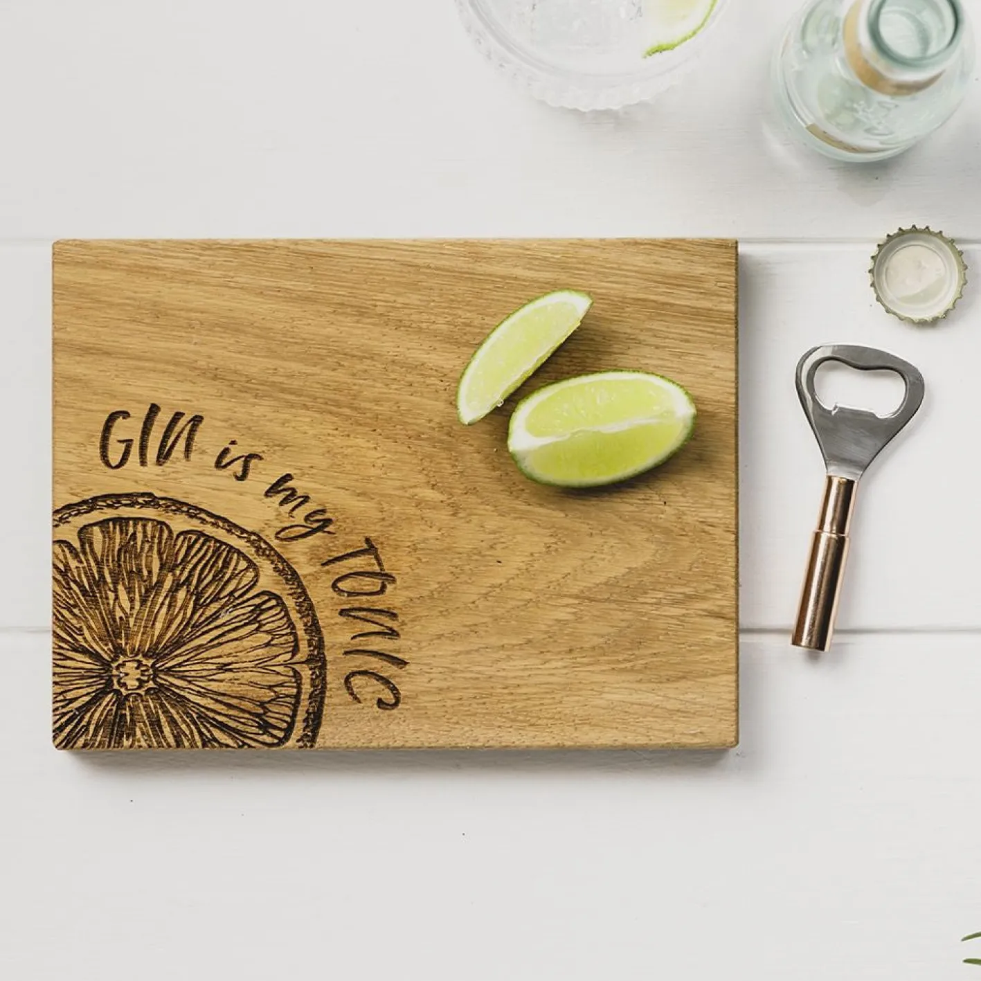 Selbrae Gin is My Tonic Oak Cutting Board & Bottle Opener Set