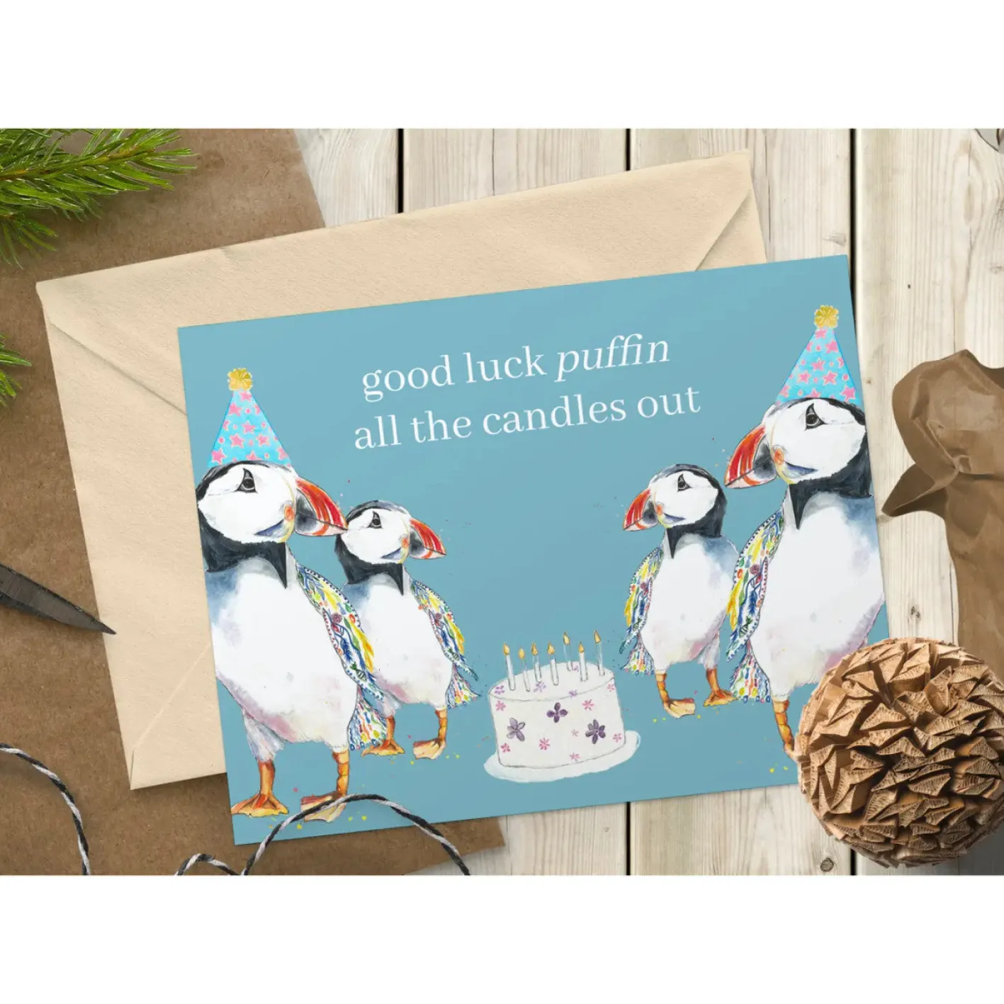 Jen Winnett Good Luck Puffin All the Candles Out Eco-card