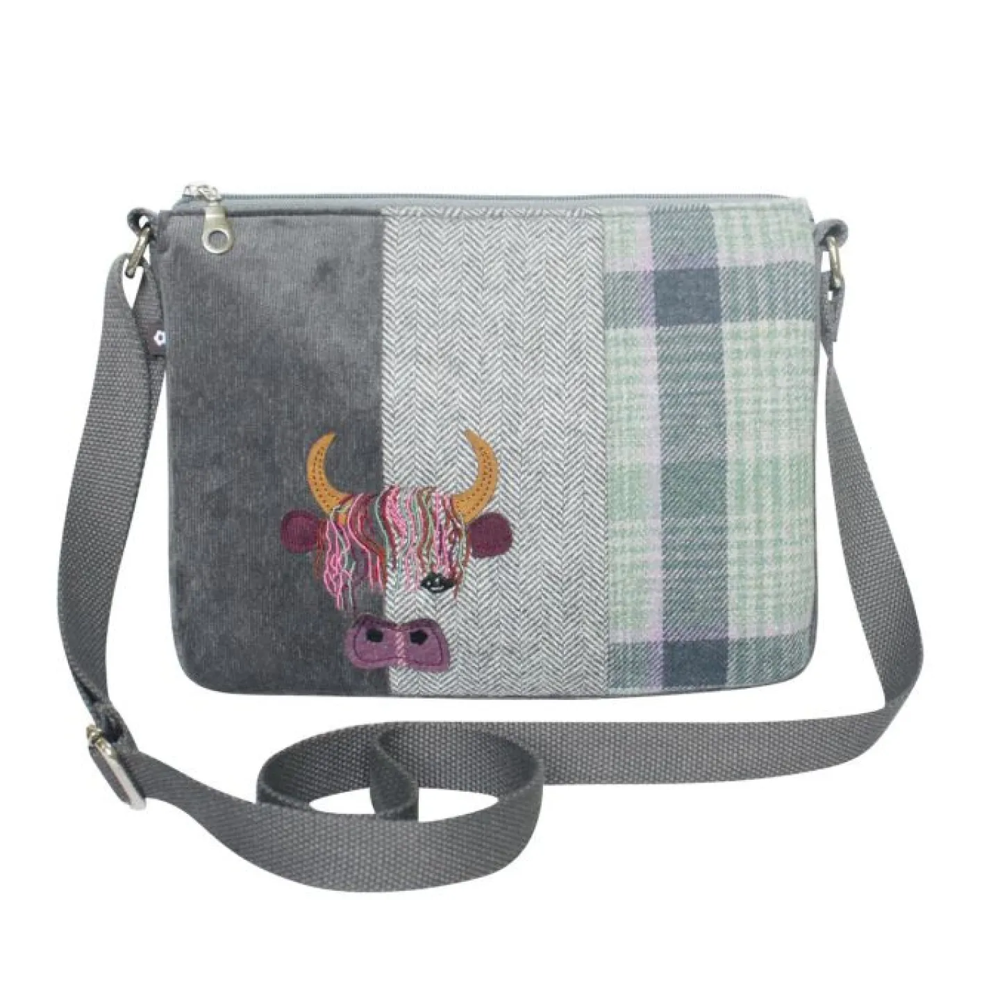 Earth Squared Bags Green Tweed Cow Applique Messenger Bag