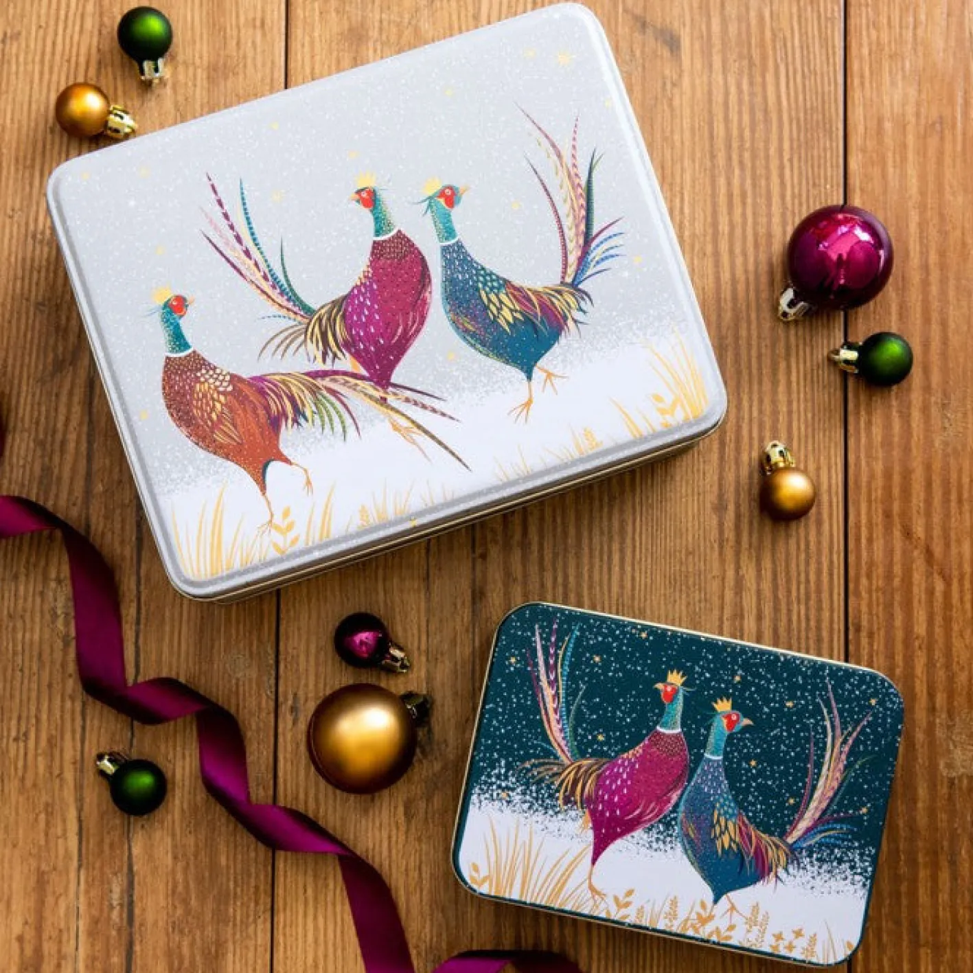 Sara Miller London Grey Pheasants Deep Rectangular Tin