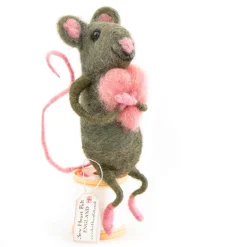 Sew Heart Felt Grey Sitting Felt Mouse Holding a Pink Heart