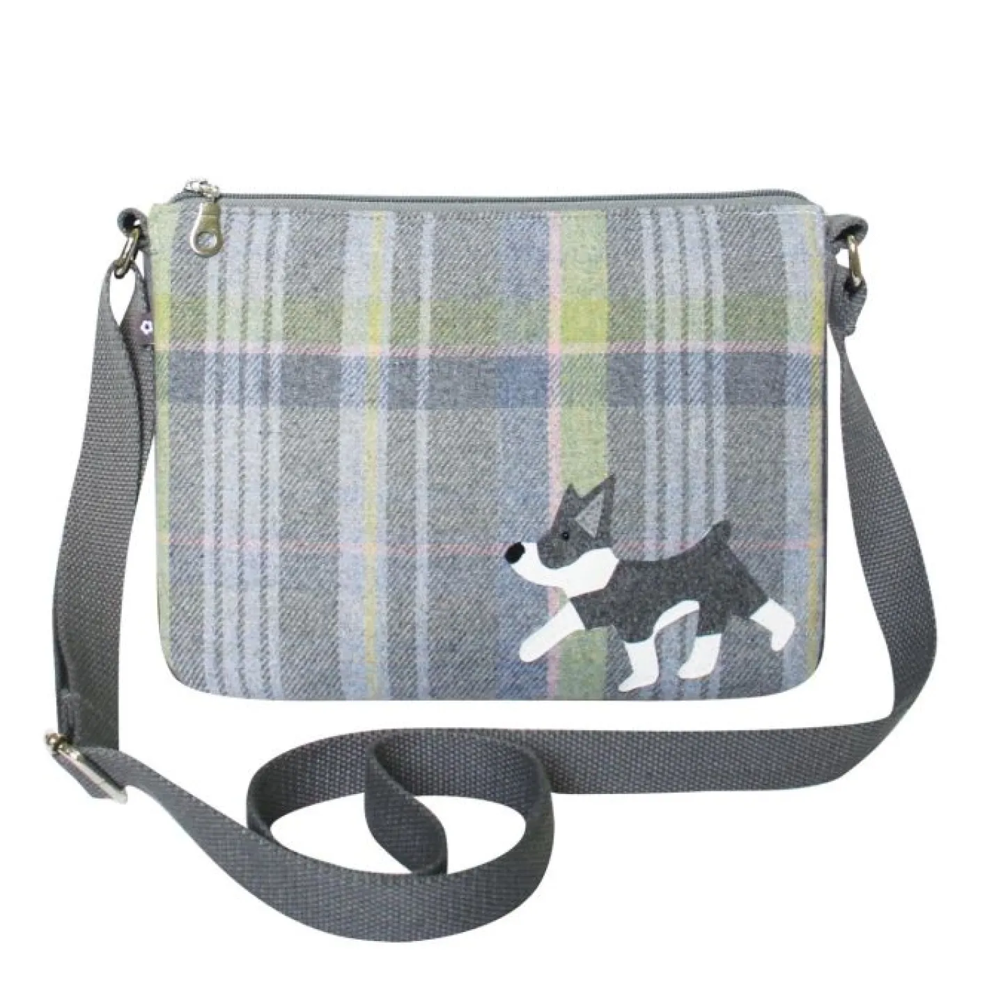 Earth Squared Bags Grey Tweed Grey & White Dog Applique Messenger Bag