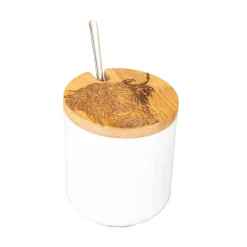 Selbrae Highland Cow Oak & Ceramic Jar & Spoon Set Dish