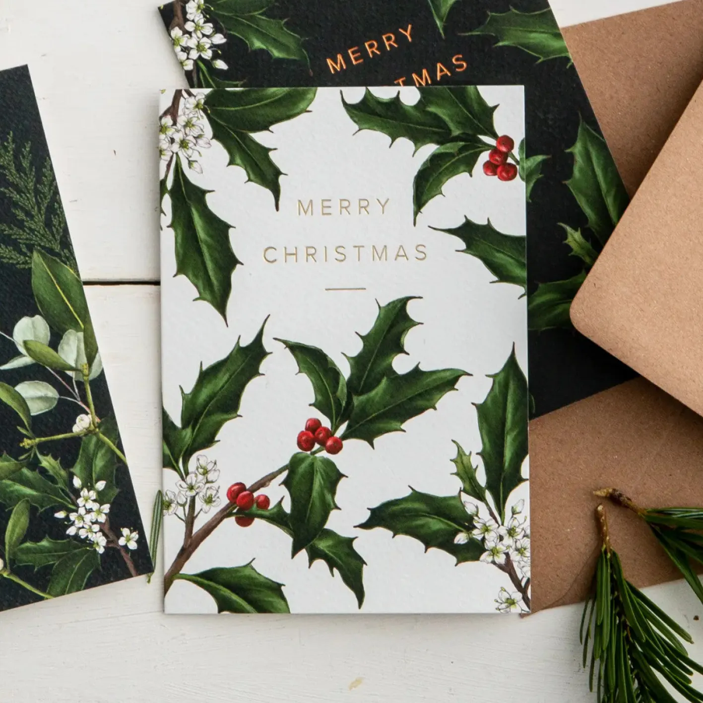 Catherine Lewis Holly Border - White - Christmas Card