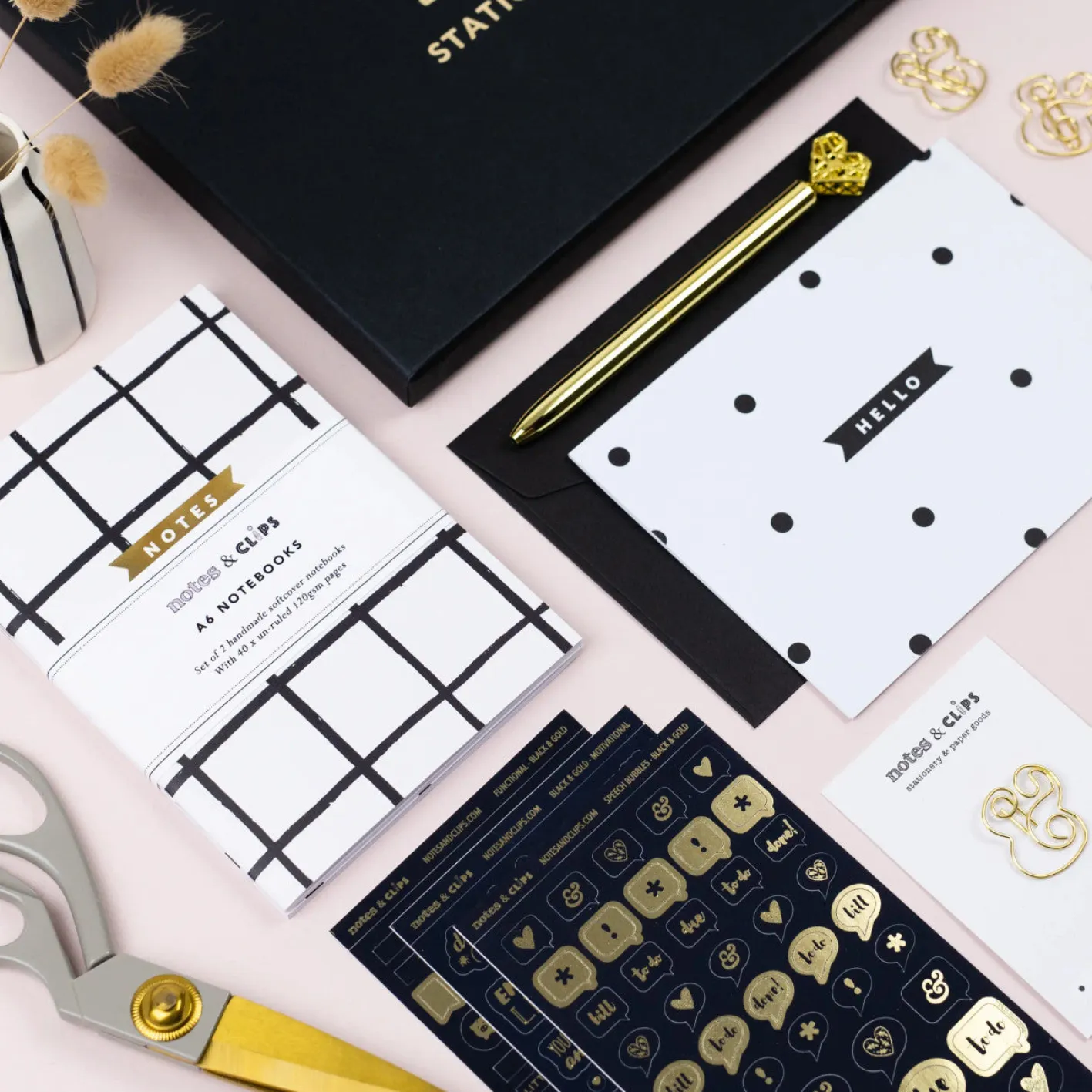 Notes & Clips Notes & Clips Black & Gold Stationery Box