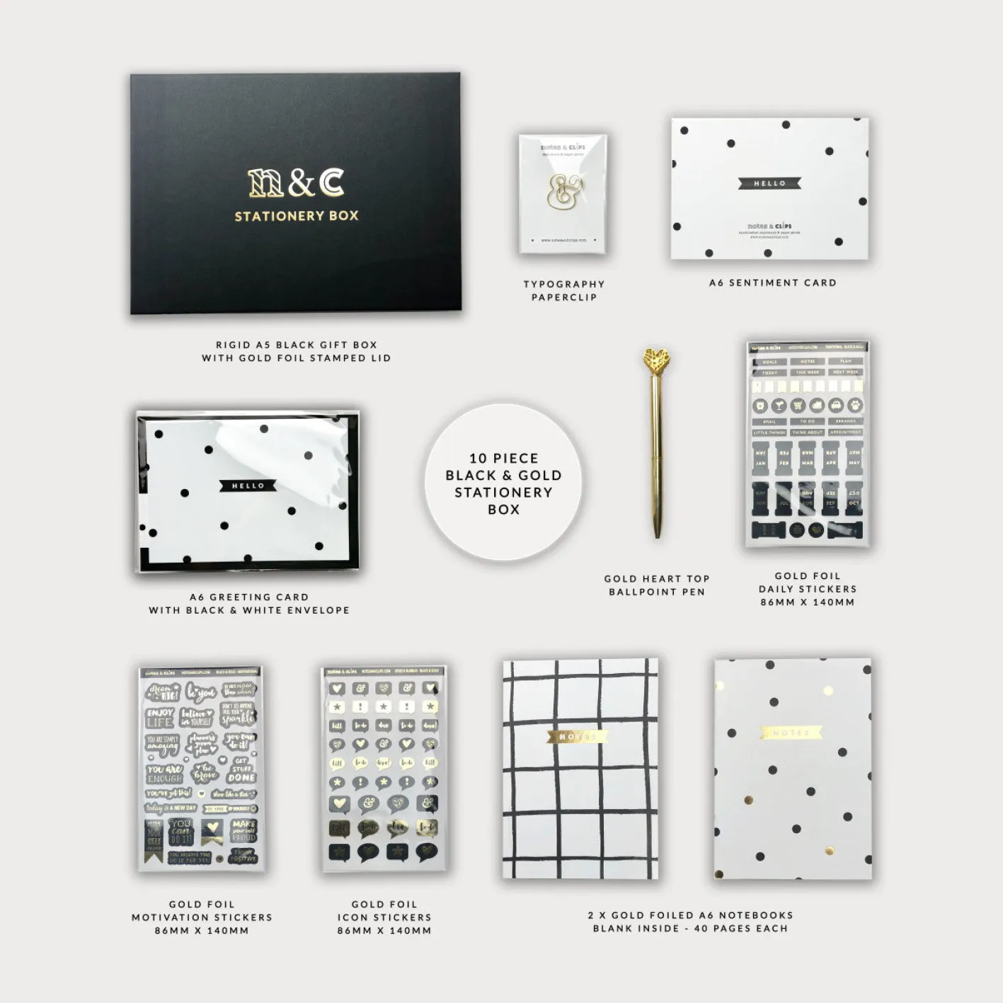 Notes & Clips Notes & Clips Black & Gold Stationery Box