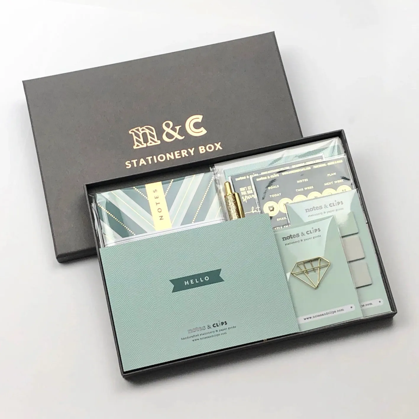 Notes & Clips Notes & Clips Green & Gold Stationery Box