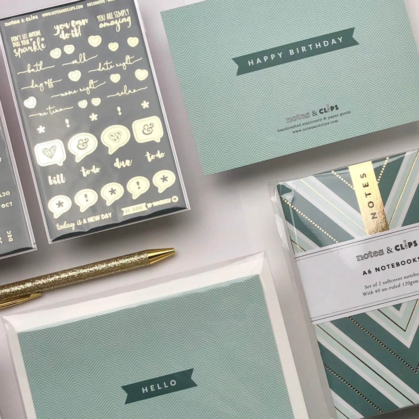 Notes & Clips Notes & Clips Green & Gold Stationery Box