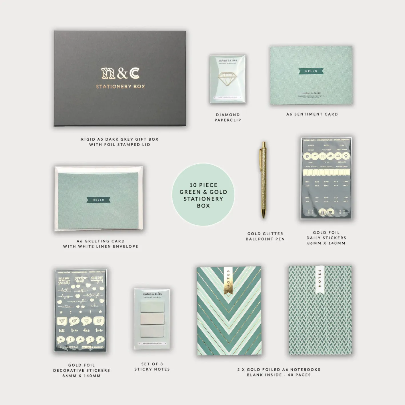 Notes & Clips Notes & Clips Green & Gold Stationery Box