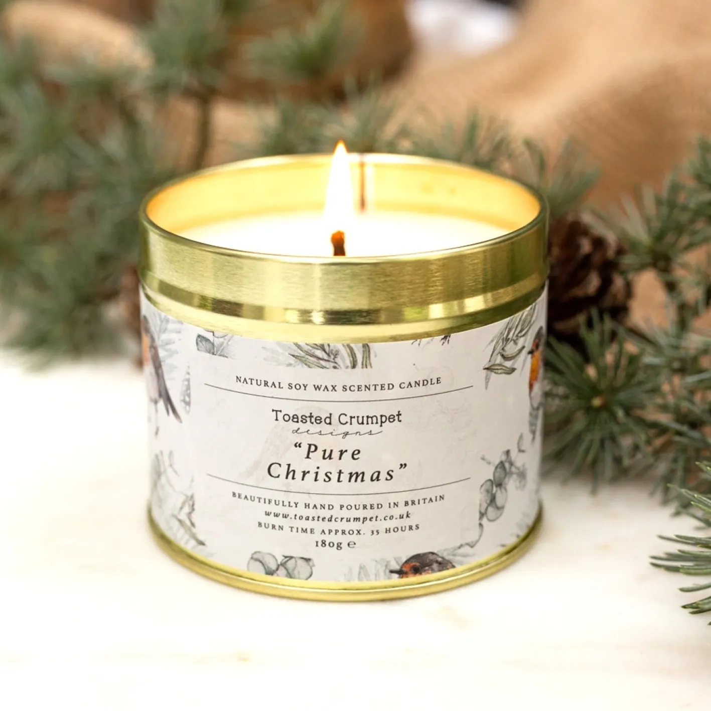 Toasted Crumpet Pure Christmas (Robin & Eucalyptus) Candle in a Matte Gold Tin