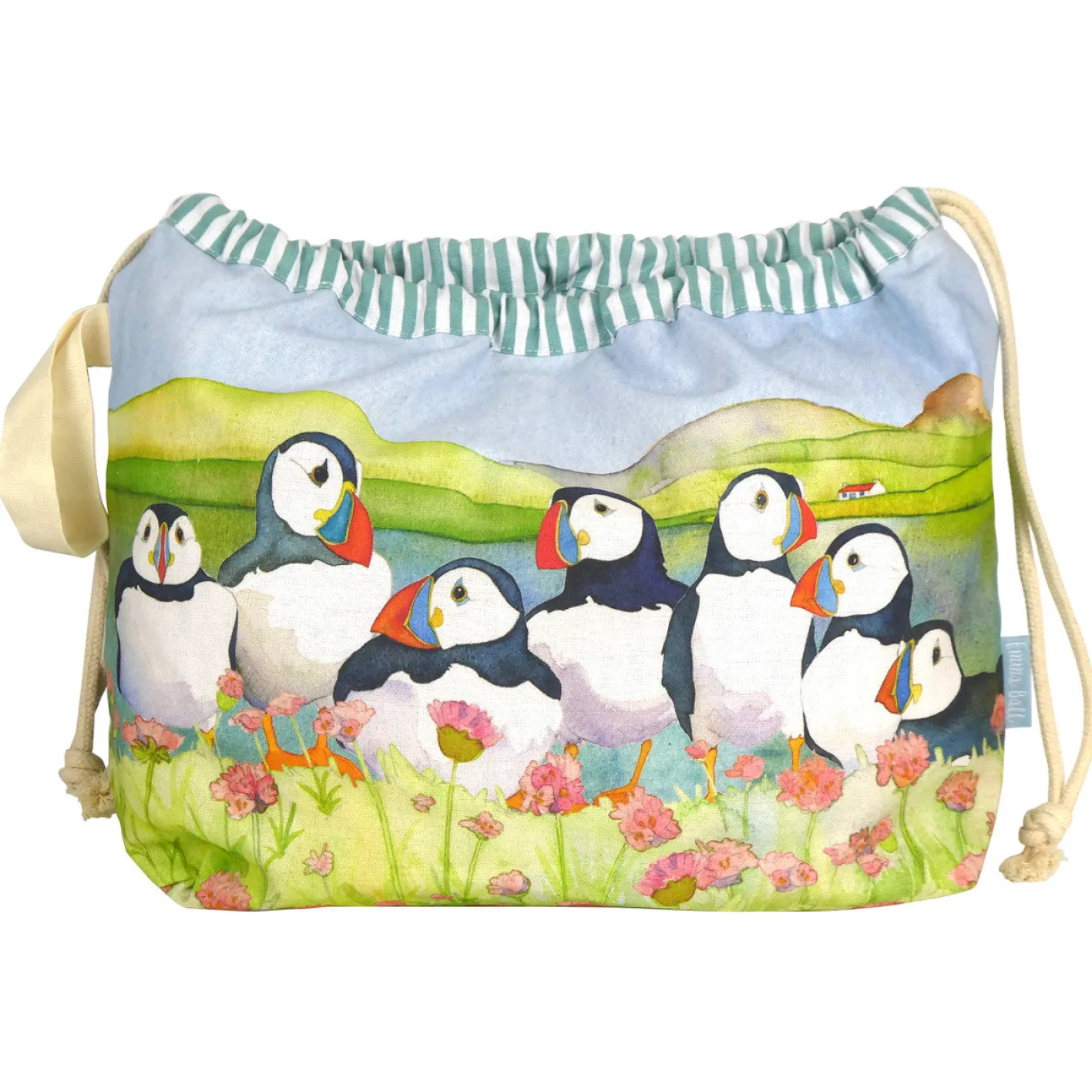 Emma Ball Sea Thrift Puffins Drawstring Cotton Bag