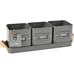 Burgon & Ball Set of 3 Herb Pots in a Leather Handled Tray - Grey