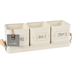 Burgon & Ball Set of 3 Herb Pots in a Leather Handled Tray - Stone