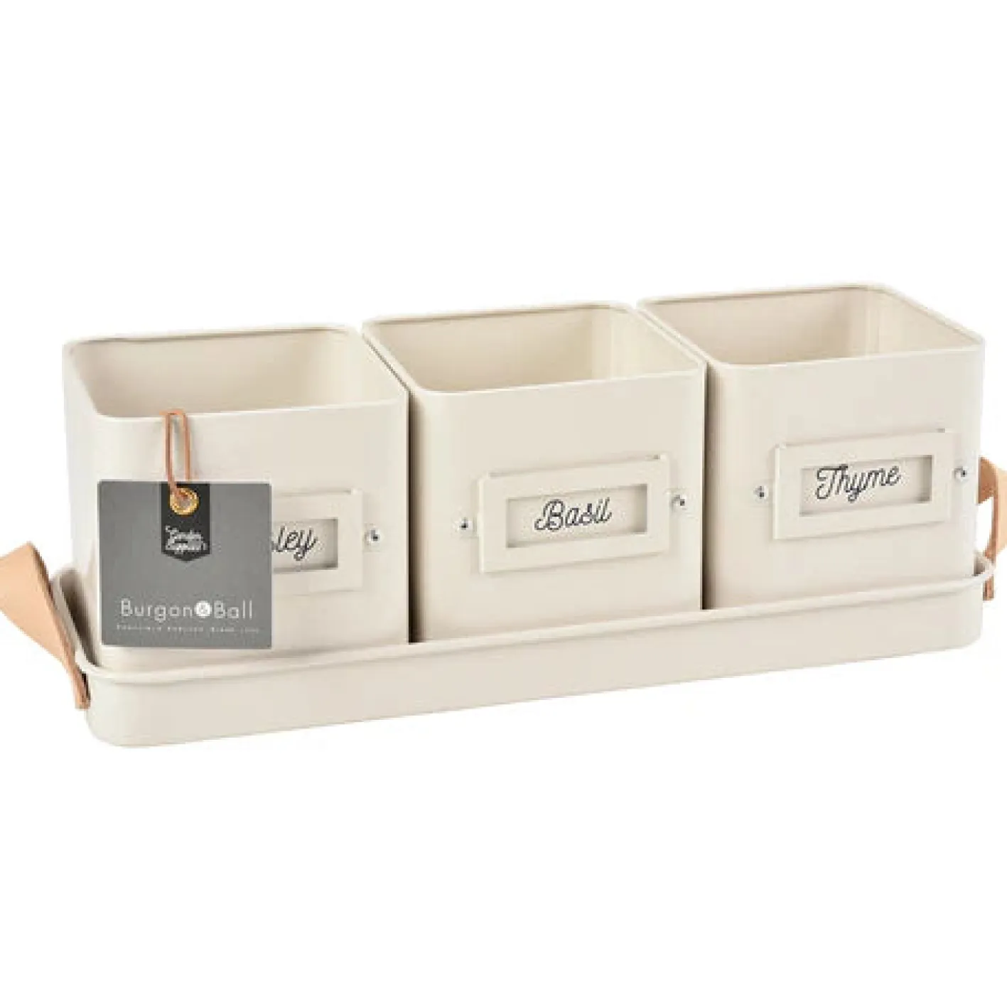 Burgon & Ball Set of 3 Herb Pots in a Leather Handled Tray - Stone