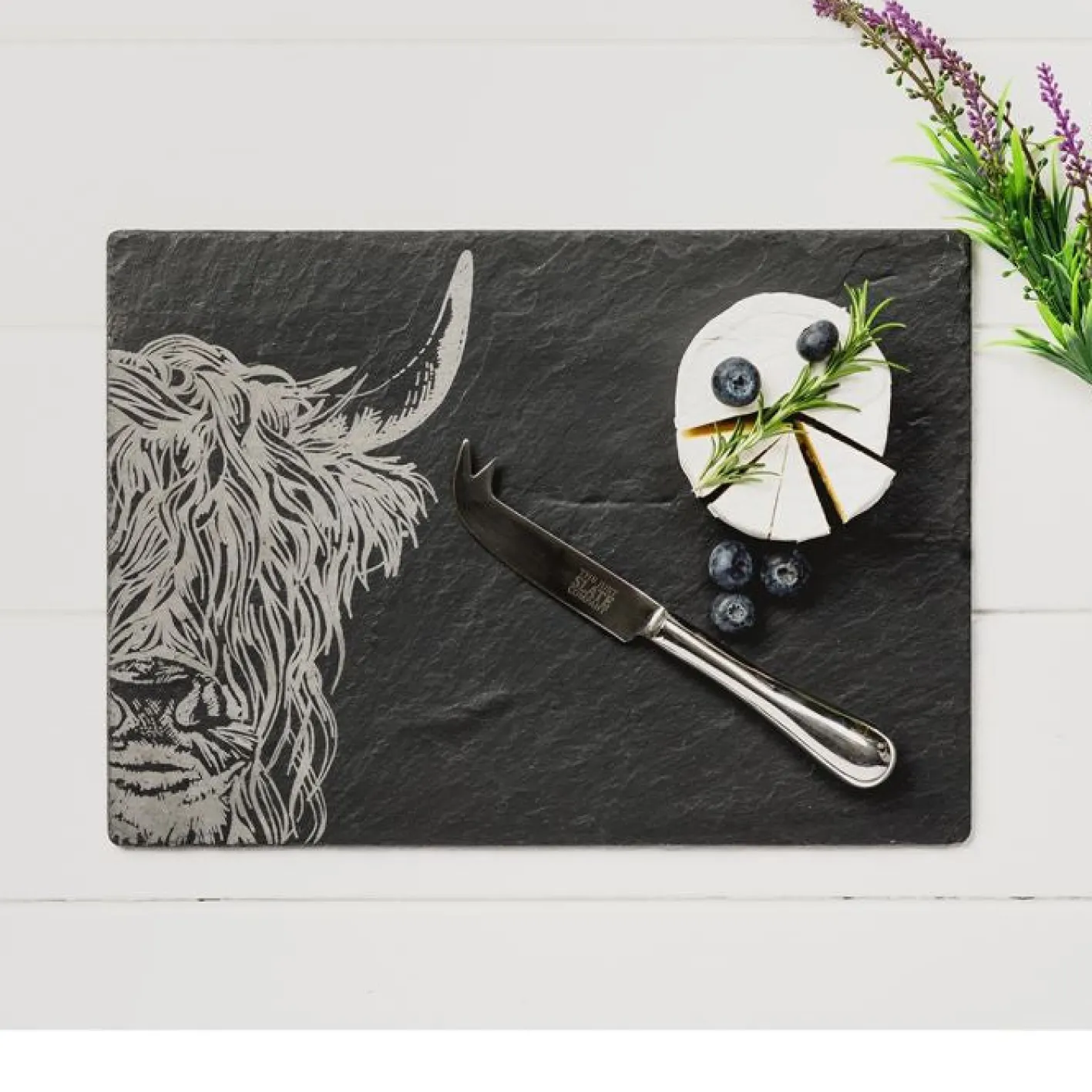 Selbrae Slate Cheese Board & Knife Set - Highland Cow