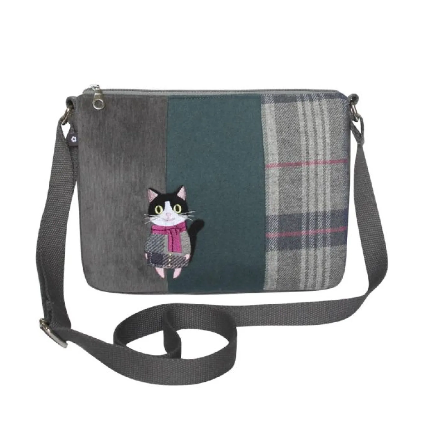 Earth Squared Bags Tweed Applique Cat with Scarf Messenger Bag