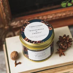 Toasted Crumpet Woodsmoke & embers Candle in a Matte Gold Tin
