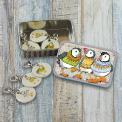 Emma Ball Woolly Puffins Set of 6 Stitch Crochet Markers in a Pocket Tin