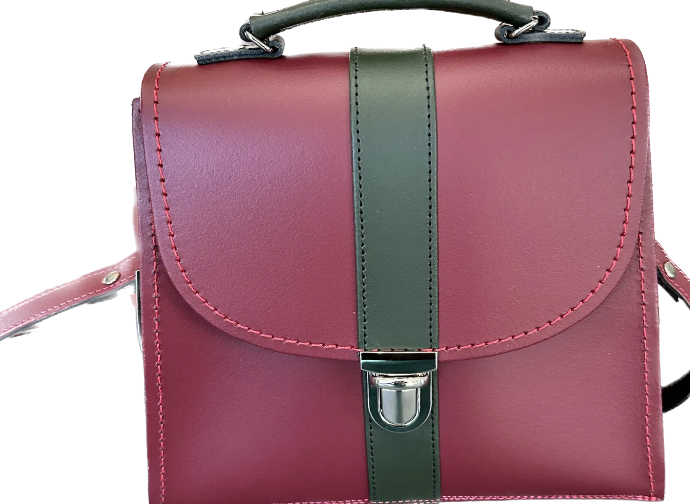 Zatchels Handmade Leather Kensington Handbag -Oxblood with Ivy Green Contrast