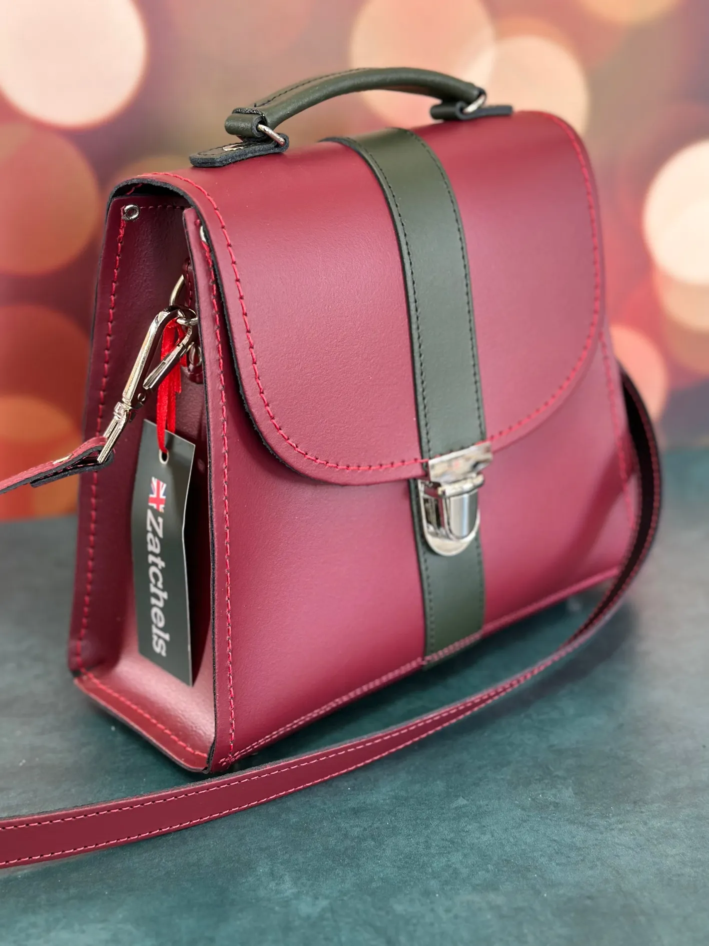 Zatchels Handmade Leather Kensington Handbag -Oxblood with Ivy Green Contrast