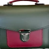Zatchels Handmade Leather Sugarcube Plus Handbag - Ivy Green with Oxblood Contrast