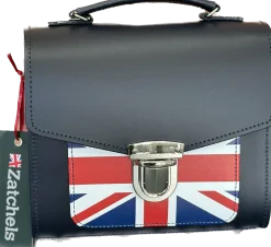 Zatchels Handmade Leather Sugarcube Plus Handbag - Navy with Union Jack