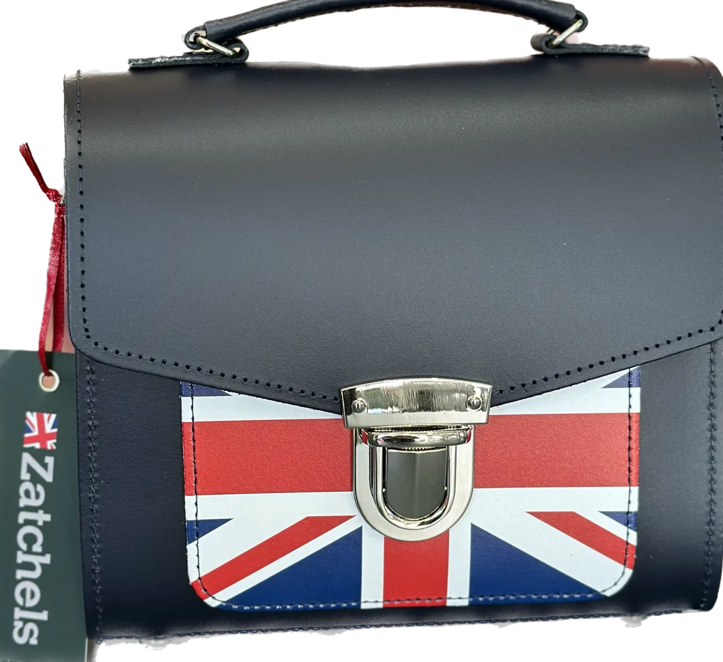 Zatchels Handmade Leather Sugarcube Plus Handbag - Navy with Union Jack